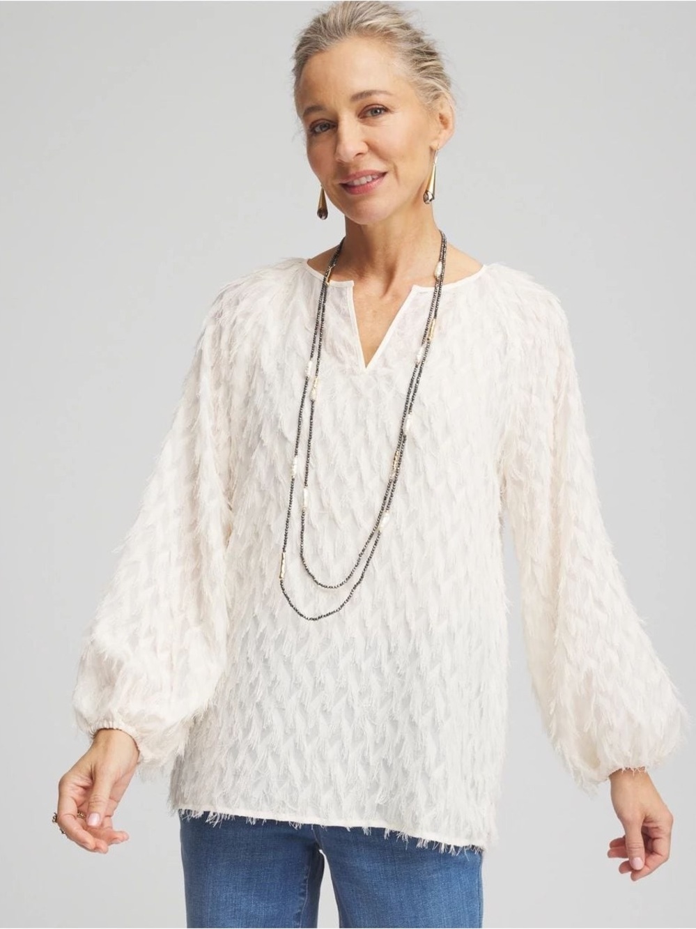 Chico's Whimsy Feathered Pullover Peasant Blouse Ivory 16/18/XL Boho Romantic